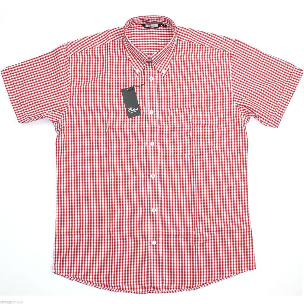 Relco Mens Red White Gingham Short Sleeved Shirt Button Down Mod Skin ...
